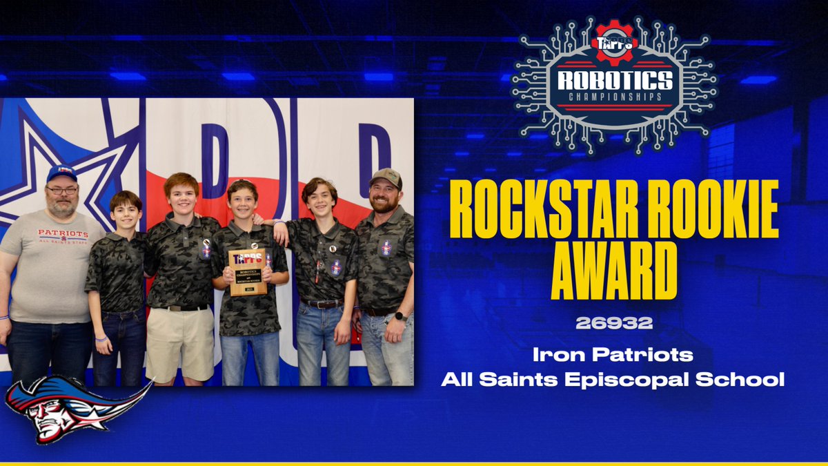 TappsRobotics's tweet image. Congratulations to the Iron Patriots from All Saints Episcopal School on winning the TAPPS 2025 Robotics Championship Rockstar Rookie Award!