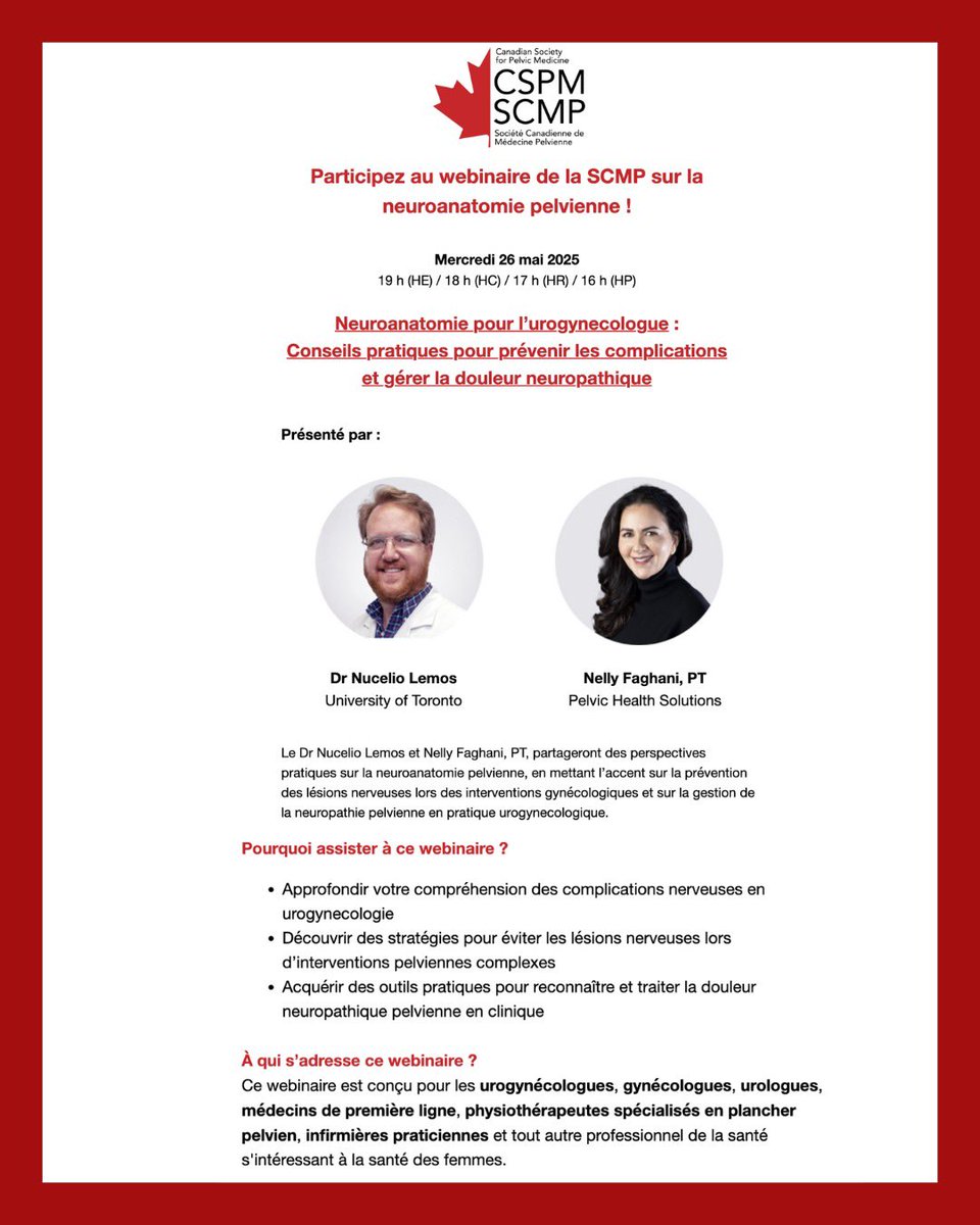 Join us for an exciting webinar, Neuroanatomy for the Urogynecologist, led by Dr. Nucelio Lemos and Nelly Faghani, PT. Session will be on May 21, 2025! 

Link to register: …ansocietyforpelvicmedicine.glueup.com/event/cspm-web…