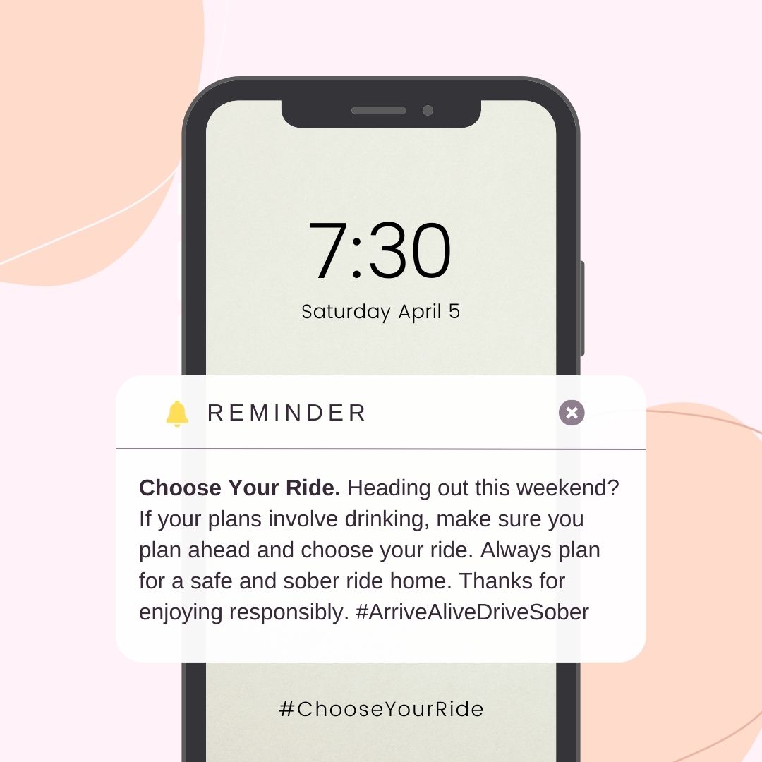 If your weekend plans involve alcohol, make sure to plan ahead and #ChooseYourRide - Your plans could include a DD, taking public transit, or calling a taxi or ride-share service. Thanks for always driving sober! 🚗
#ArriveAliveDriveSober