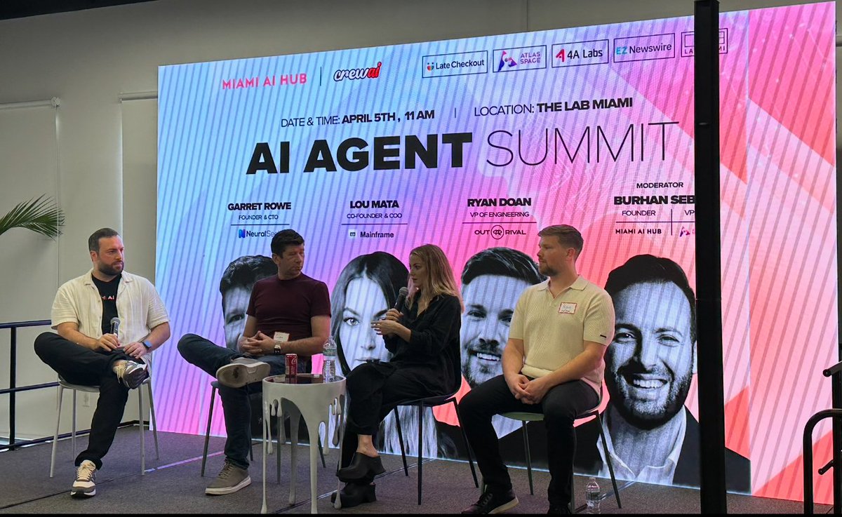 Learned a lot from my fellow panelists <a href="/loumata_/">lou mata</a> , <a href="/ryandoan_/">ryandoan</a> , Garrett Rowe. So lucky to share the stage with amazing people.  <a href="/miamiaihub/">Miami AI Hub</a> <a href="/crewAIInc/">CrewAI</a>