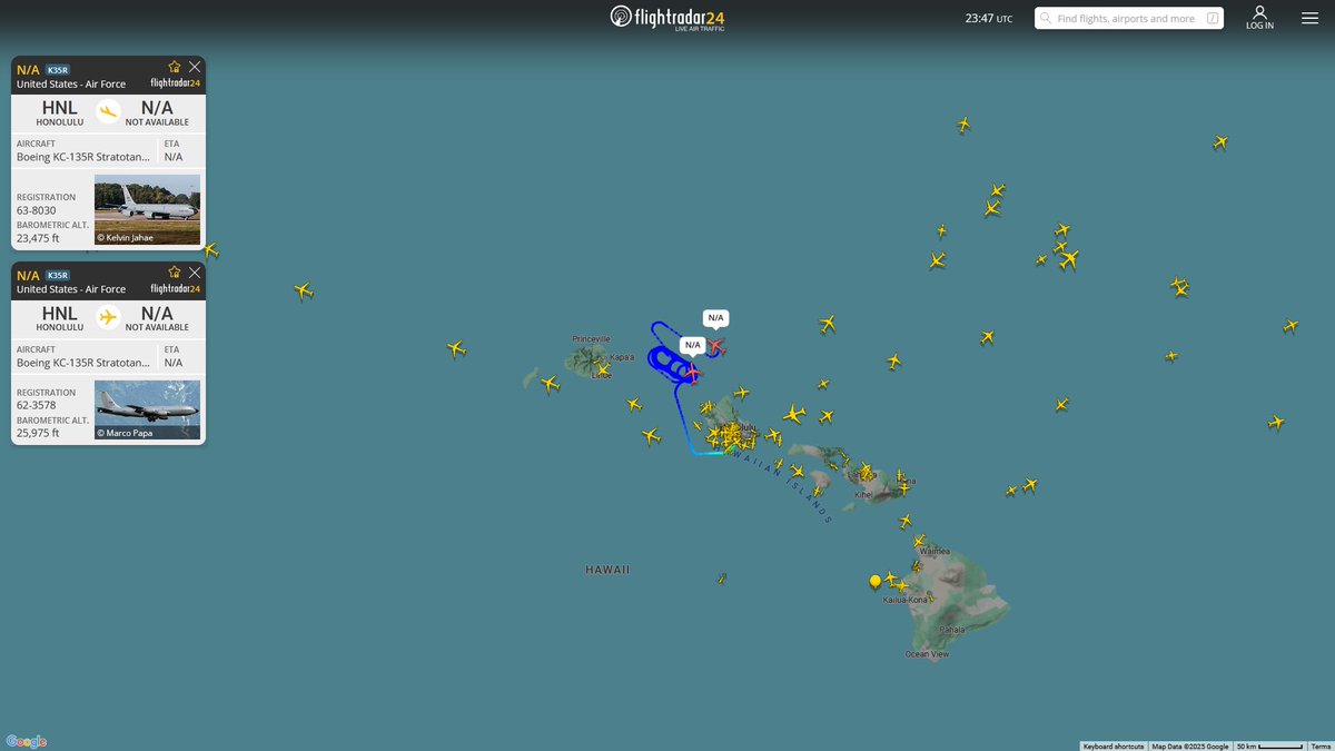 AIYeyENGDdJkjTr's tweet photo. Apr. 6, 2025
#JBPHH, Honolulu #Kauai Channel

#NoCALLSIGN #AE042B USAF KC-135R Stratotanker 
#NoCALLSIGN #AE07BE USAF KC-135R Stratotanker https://t.co/RHBjM1u5Ai