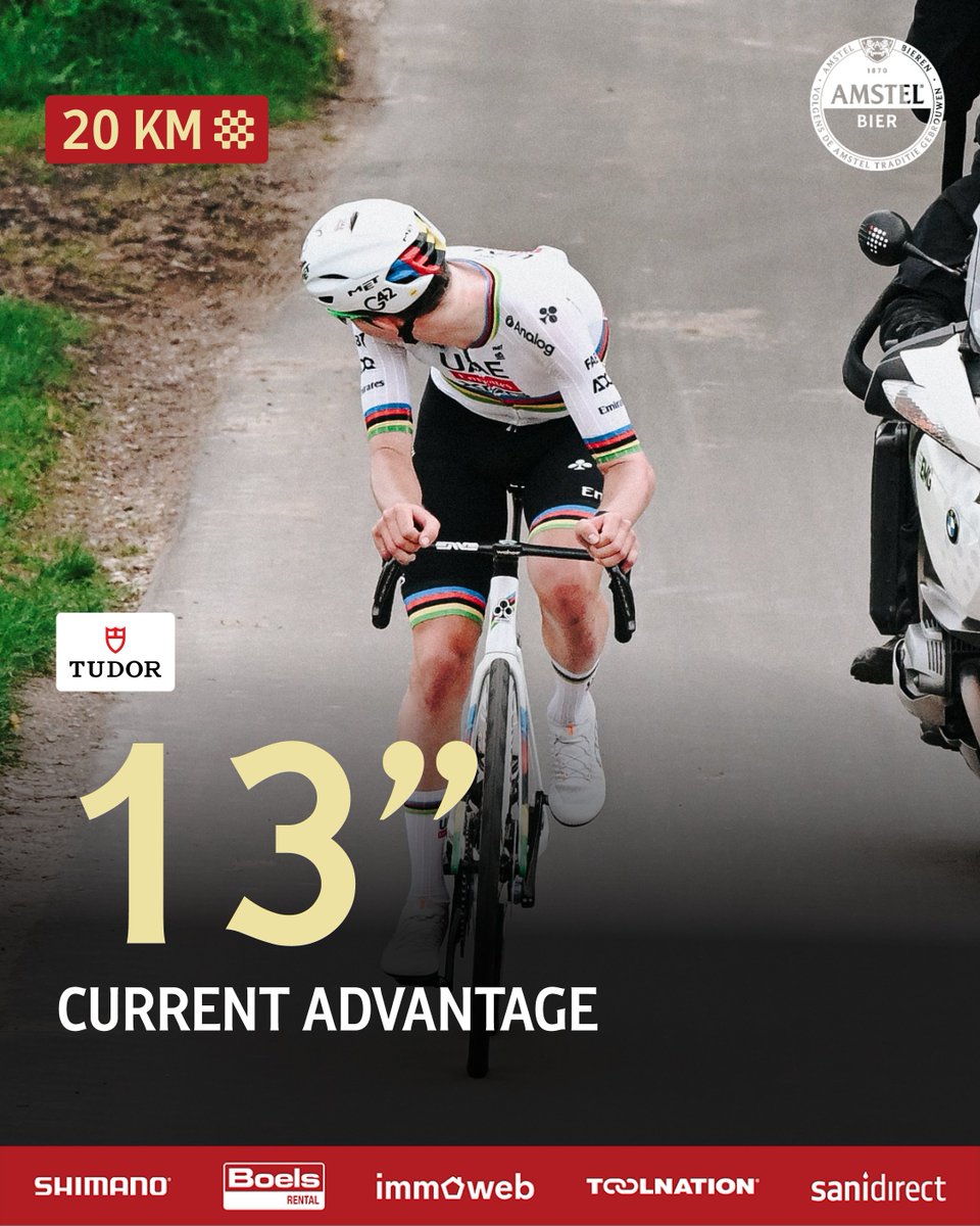 #AGR25 - 🏁 20 KM

Race situation going into the final lap:
1⃣ Pogacar
2⃣ Evenepoel &amp; Skjelmose (+ 13")
3⃣ Chasing group (+ 34")

#AGRmen