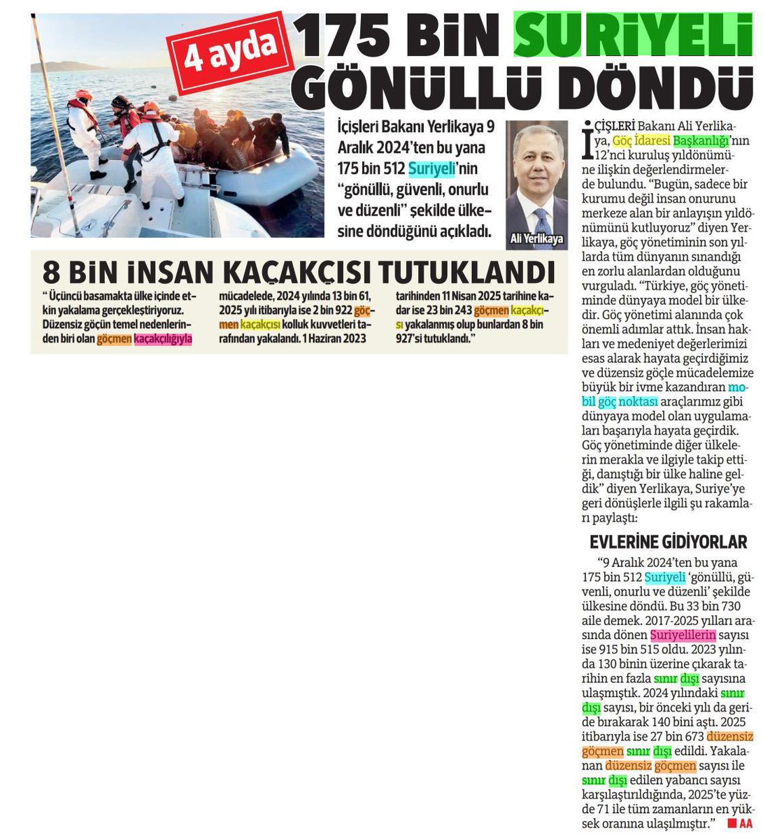 8 Aralık-18 Nisan arası Güvenli, gönüllü dönen Suriyeli sayısı 175 bin..