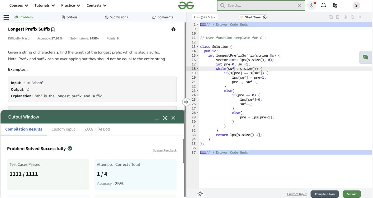 sashikantsingh_'s tweet photo. 🚀 Day 45 of #100DaysOfCode  
->completed KMP Algorithm
->solved 2 problems(KMP algo) from leetcode,GFG
->done question from gtg160days challenge   
->no gym
#DSA #leetcode #GFG #cpp #CodingChallenge #code360 #learninpublic #buildinpublic https://t.co/cf1Xds7lPs