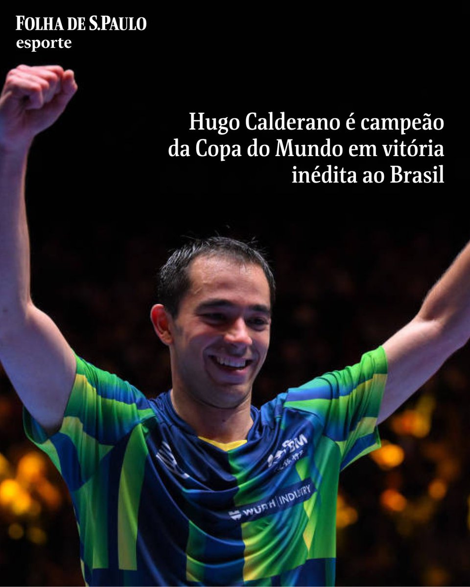 folha's tweet photo. 🏓 Hugo Calderano é campeão da Copa do Mundo em vitória inédita ao Brasil. Brasileiro faz história ao se tornar o primeiro jogador da América a conquistar o título 📲📰 Leia mais em https://t.co/otIwv6NXqa https://t.co/g7PTMf9Jbl