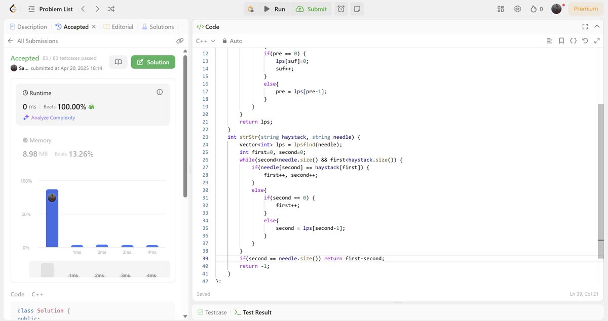 sashikantsingh_'s tweet photo. 🚀 Day 45 of #100DaysOfCode  
->completed KMP Algorithm
->solved 2 problems(KMP algo) from leetcode,GFG
->done question from gtg160days challenge   
->no gym
#DSA #leetcode #GFG #cpp #CodingChallenge #code360 #learninpublic #buildinpublic https://t.co/cf1Xds7lPs