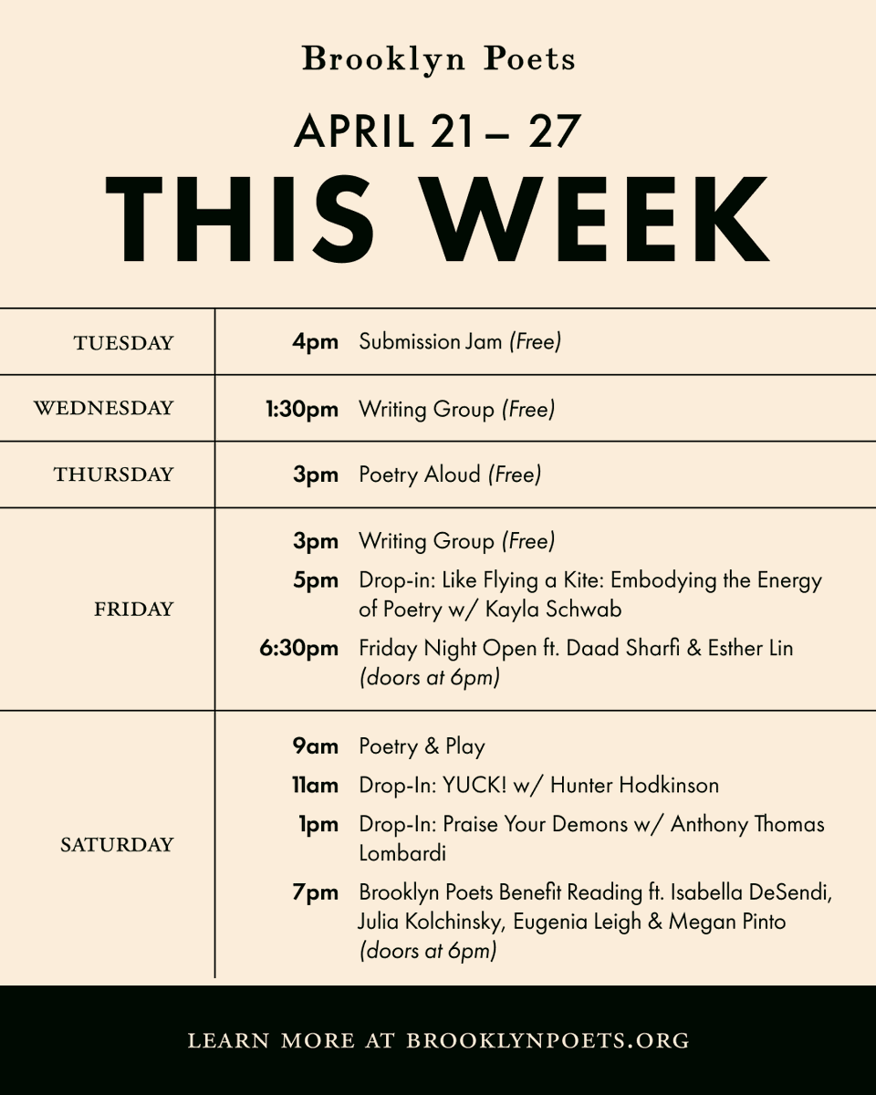 Brooklyn Poets (@brooklynpoets) on Twitter photo Join us for a poetry-full week includingΒ theΒ Friday Night Open ft. Daad Sharfi & Esther Lin, a benefit reading ft. Isabella DeSendi, <a href="/jkolchpoetry/">Dr. Mama (aka Julia Kolchinsky)</a>, <a href="/EugeniaLeigh/">Eugenia Leigh</a> & <a href="/megg_bean/">Megan Pinto πππ</a>, drop-insΒ andΒ more! mailchi.mp/brooklynpoets/β¦ Join us for a poetry-full week includingΒ theΒ Friday Night Open ft. Daad Sharfi & Esther Lin, a benefit reading ft. Isabella DeSendi, <a href="/jkolchpoetry/">Dr. Mama (aka Julia Kolchinsky)</a>, <a href="/EugeniaLeigh/">Eugenia Leigh</a> & <a href="/megg_bean/">Megan Pinto πππ</a>, drop-insΒ andΒ more! mailchi.mp/brooklynpoets/β¦