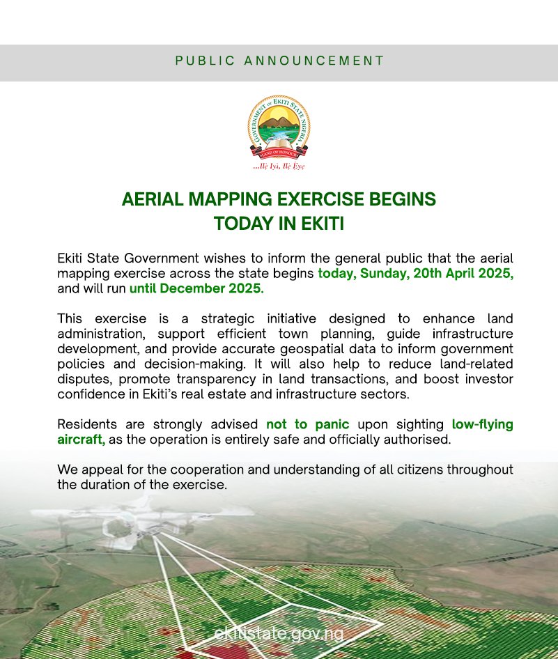 ekitistategov's tweet image. Aerial Mapping Begins in Ekiti Today!
Residents are advised not to panic at the sight of low-flying aircraft, as it is a planned and harmless operation. The exercise runs till December 2025.
#AerialMapping #EkitiDevelopment #GeospatialData #TownPlanning #BAOGovernance…
