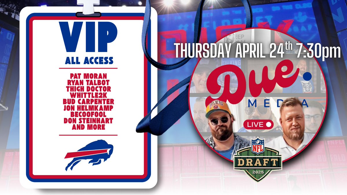Due Champions (@duechampions) on Twitter photo You DO NOT want to miss this!
Join <a href="/studentbodyrght/">Student Body Right</a> and <a href="/MattDiegert/">Matt Diegert</a> this Thursday night for a HUGE #NFLDraft2025 show!
Live draft reactions π¨
Illustrious guests π₯
Christian Benford jersey giveaway π
And much, much more!
#buffalobills #billsmafia #gobills #NFL You DO NOT want to miss this!
Join <a href="/studentbodyrght/">Student Body Right</a> and <a href="/MattDiegert/">Matt Diegert</a> this Thursday night for a HUGE #NFLDraft2025 show!
Live draft reactions π¨
Illustrious guests π₯
Christian Benford jersey giveaway π
And much, much more!
#buffalobills #billsmafia #gobills #NFL