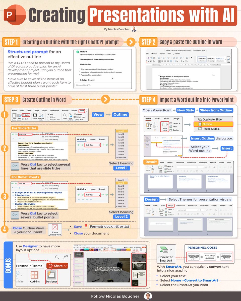 BoucherNicolas's tweet photo. Creating Presentations with AI

This has saved me HOURS, so I couldn't wait to share it with you all.

The whole process is quite simple.
The most important thing is the outline quality that ChatGPT generates for you.

And do you know how to structure an effective prompt for ChatGPT?

Bonus Tips for a Pro Touch:

Use PowerPoint's Designer feature for more layout options, ensuring a polished visual aesthetic. It's a game-changer
Utilize SmartArt to transform textual content into captivating graphics, effectively conveying complex ideas with visual clarity

Do you want to get this guide in high resolution for free?

- Comment "Presentations with AI"
- Like and share it around

You need to follow me so I can it in your inbox