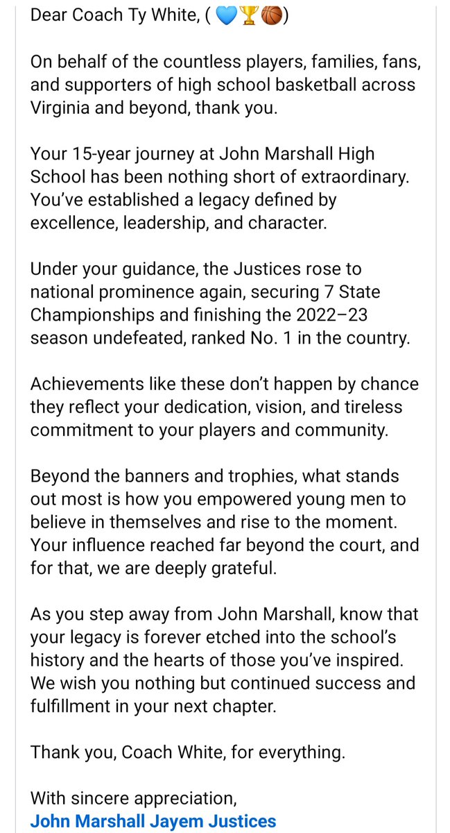 Sean Robertson (@cbs6sportssean) on Twitter photo Per the school, Ty White has stepped down as the Boys Basketball Coach at John Marshall (<a href="/JayemMarshall/">John Marshall Jayem Basketball</a>)! He won 7 <a href="/VHSL_/">VHSL Athletics</a> State Championships, including four straight, in his 15 seasons with the Justices. Also finished #1 in the country in the 2022-23 season.
<a href="/CBS6/">WTVR CBS 6 Richmond</a> Per the school, Ty White has stepped down as the Boys Basketball Coach at John Marshall (<a href="/JayemMarshall/">John Marshall Jayem Basketball</a>)! He won 7 <a href="/VHSL_/">VHSL Athletics</a> State Championships, including four straight, in his 15 seasons with the Justices. Also finished #1 in the country in the 2022-23 season.
<a href="/CBS6/">WTVR CBS 6 Richmond</a>