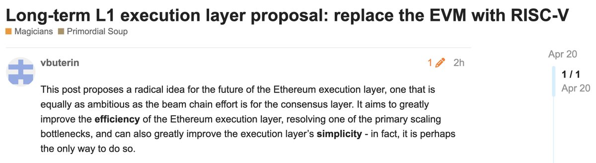 ks_kulk's tweet image. New @VitalikButerin post with a radical proposal: we should move Ethereum execution from the EVM to RISC-V. 

Ethereum scaling in the long run will be limited by zkVM proving capabilities. If the goal is to scale the L1, it makes sense to remove one of the primary bottlenecks to…