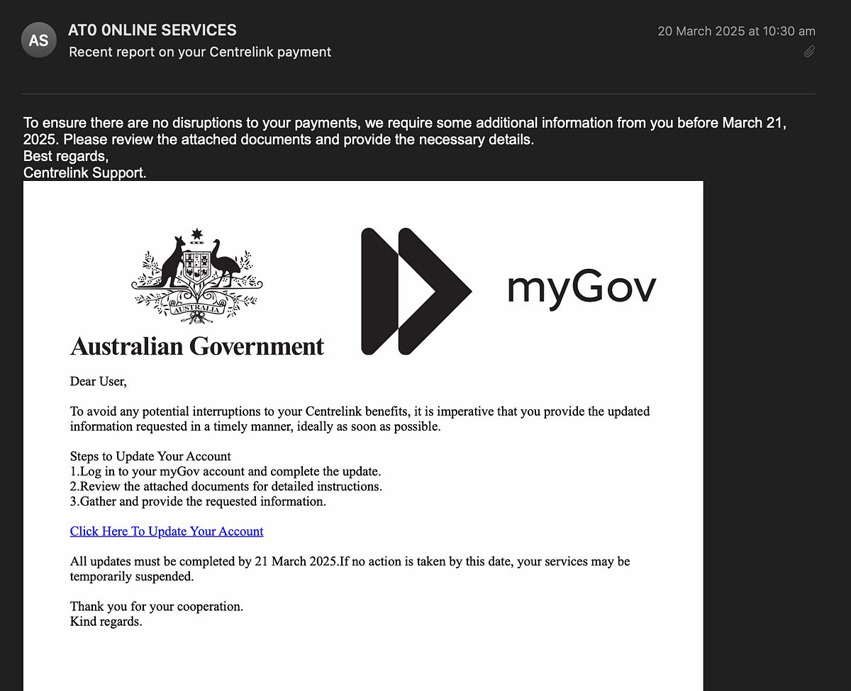 TweetThreatNews's tweet image. Phishing attempts are evolving! A recent email posed as Centrelink, using visual tricks and urgency to deceive. Awareness and reporting are key to fighting these attacks. 🇦🇺 #PhishingAlert #Centrelink #CyberSafety

link: ift.tt/yDg760x