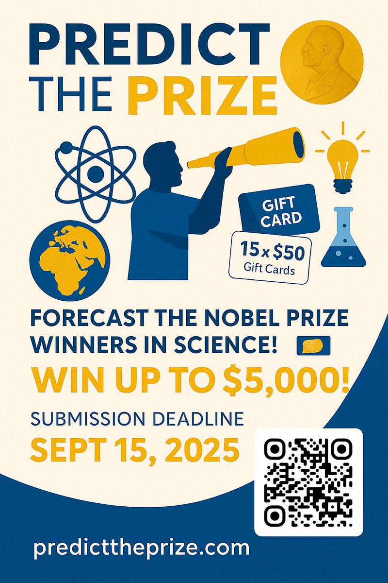SciBridges's tweet photo. 📣 Predict the Prize is a fun science challenge for students — guess the next Nobel winners and win prizes!

🎓 Download posters to share on bulletin boards 👉 https://t.co/nHYhcsLKxm

#giveaway #like #Repost #Learning #Education #TrendingNow #StudyTips #ScienceEducation https://t.co/LcsKVgFWqe