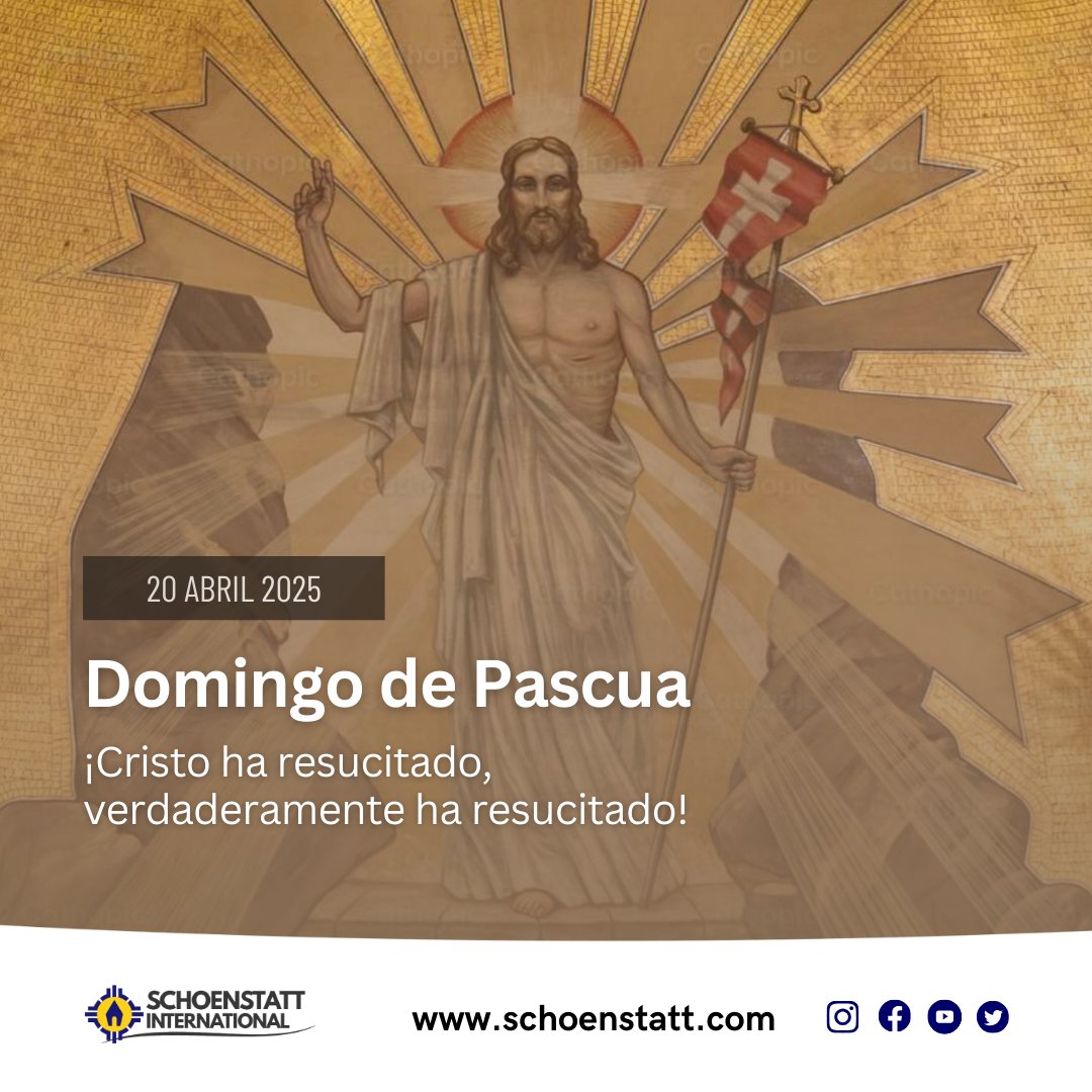 ES: ¡Cristo ha resucitado, y con Él renace nuestra esperanza!

EN: Christ is risen, and with Him our hope is reborn! 

PT: Cristo ressuscitou, e com Ele renasce a nossa esperança!

DE: Christus ist auferstanden, und mit Ihm wird unsere Hoffnung neu geboren!

#schoenstatt