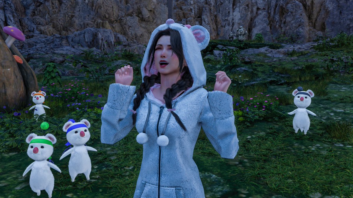 Just like in the Mog House game in FF7 OG, Moogle Cloud likes the pink Moogle Aerith - so he tries to impress her with his graceful flying form. 🪽❤️

I think Aerith has fallen for him. 🩷🥰
#clerith #クラエア