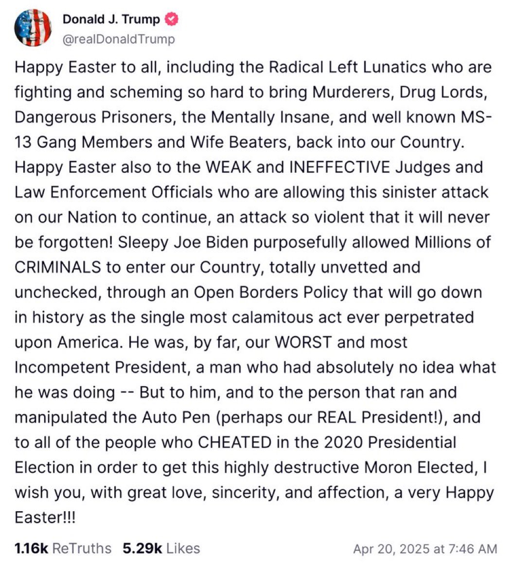 Easter message from an incompetent maniac.