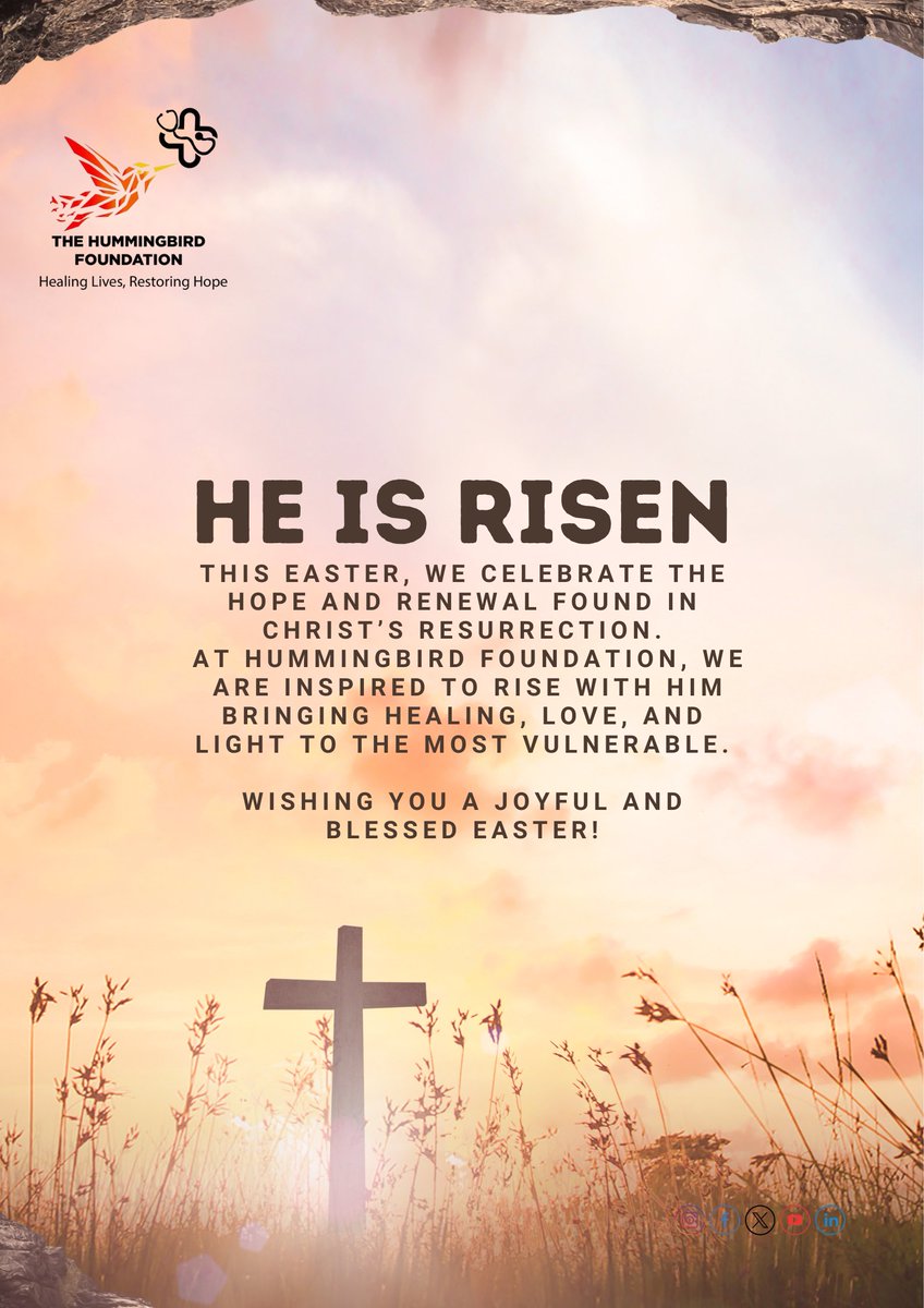 The HummingBird Foundation (@hummingbirdug) on Twitter photo This Easter, we celebrate the hope and renewal found in Christ’s resurrection.
At <a href="/HummingbirdUg/">The HummingBird Foundation</a> , we are inspired to rise with Him, bringing healing, love, and light to the most vulnerable.
Wishing you a joyful and blessed Easter!
#HeIsRisen
#HummingbirdFoundation This Easter, we celebrate the hope and renewal found in Christ’s resurrection.
At <a href="/HummingbirdUg/">The HummingBird Foundation</a> , we are inspired to rise with Him, bringing healing, love, and light to the most vulnerable.
Wishing you a joyful and blessed Easter!
#HeIsRisen
#HummingbirdFoundation