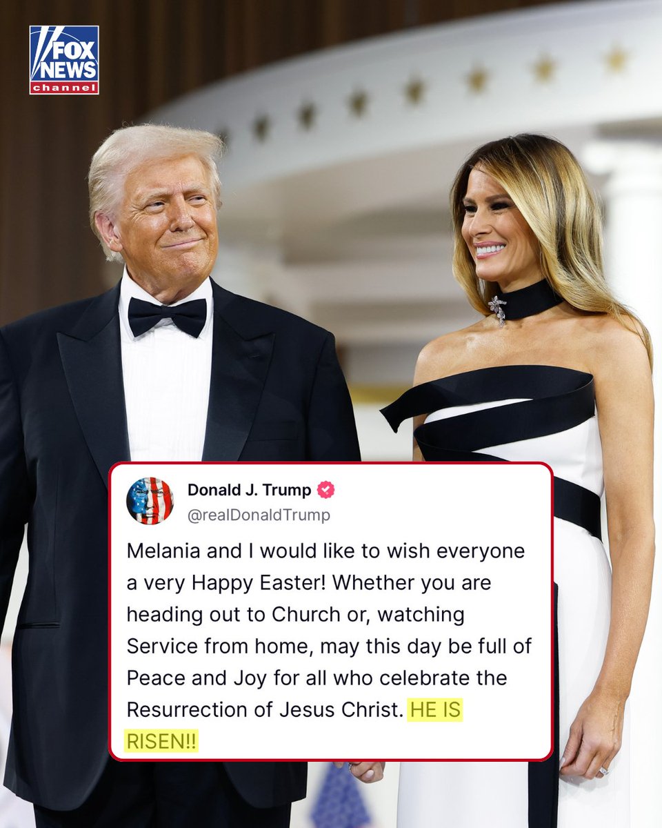 FoxNews's tweet image. 'HE IS RISEN!': @realDonaldTrump and First Lady @MELANIATRUMP send warm wishes to all Americans, celebrating the joy and hope of Easter Sunday.