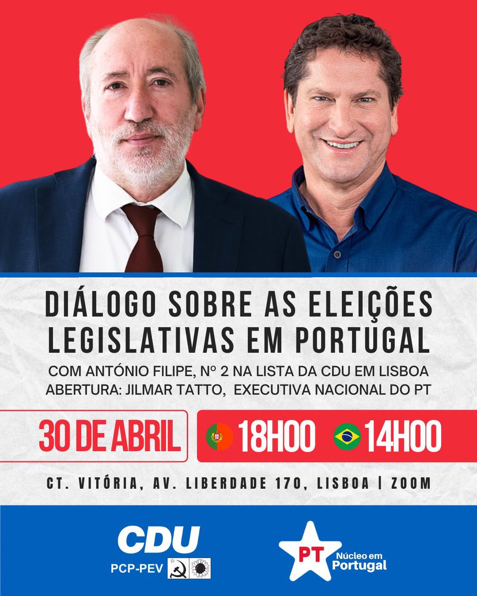 No dia 30 de abril, o Núcleo realiza atividade com <a href="/AntonioFilipe/">Antonio Filipe</a> e abertura de <a href="/jilmartatto/">Jilmar Tatto</a>, para dialogar com petistas e simpatizantes sobre o projeto da CDU (PCP-PEV), tendo em vista as Eleições Legislativas em Portugal. 

📝 Inscrições: 
forms.gle/heun5tqa3cBqn9…
