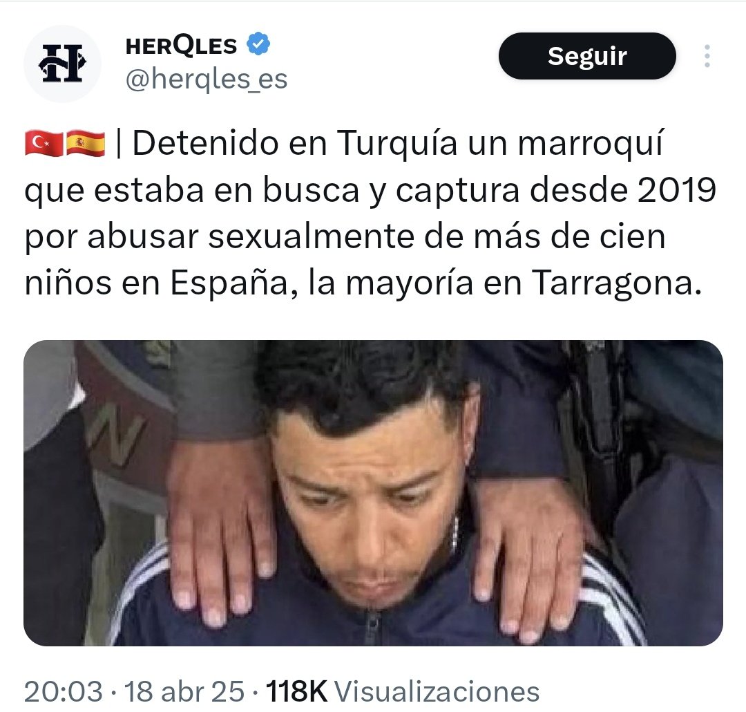 ... Ningún medio de comunicación a dicho que se ha detenido a un moro en Turquía en busca y captura por abusar sexualmente de más de 100 niños en España... Al PP, al PSOE y sus periodistas, no les importa que violen a un niño, si el violador es moro... Criminales...