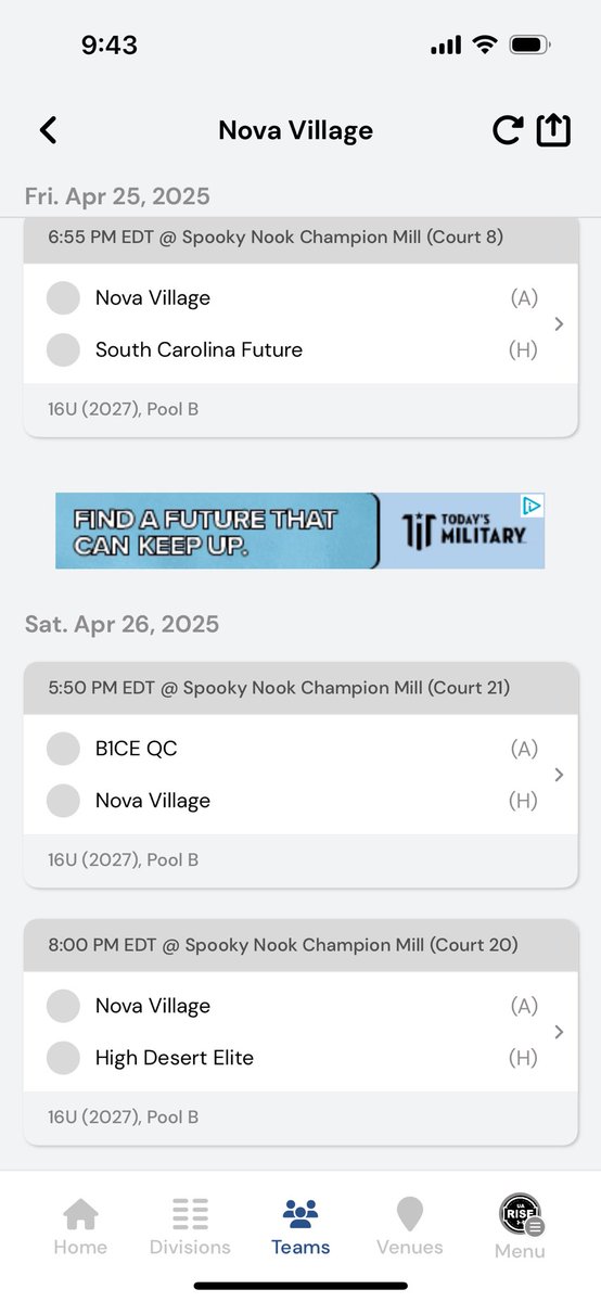 Nova Village - 2027 Schedule for UA Rise Session I in Hamilton, OH April 25-27.
