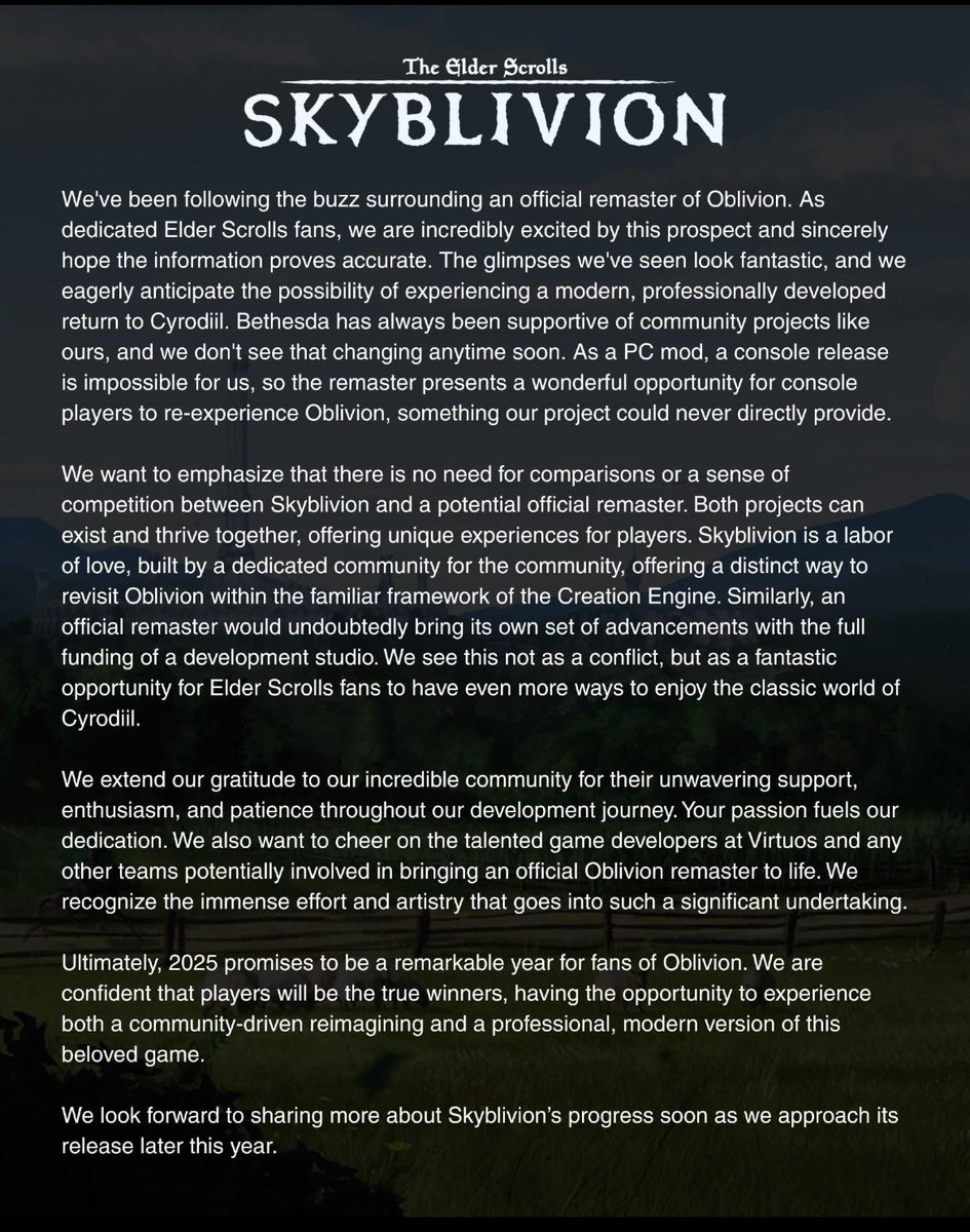 Skyblivion's statement regarding The Elder Scrolls IV: Oblivion Remaster