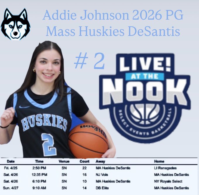 Addie Johnson (@addiej2026) on Twitter photo Excited to compete next weekend <a href="/SelectEventsBB/">Select Events Basketball</a> Live! At the Nook with my team 17U Mass Huskies DeSantis! <a href="/MassHuskies/">Mass Huskies</a> Excited to compete next weekend <a href="/SelectEventsBB/">Select Events Basketball</a> Live! At the Nook with my team 17U Mass Huskies DeSantis! <a href="/MassHuskies/">Mass Huskies</a>