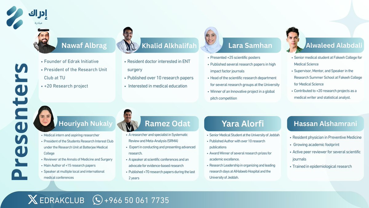 بخبرات وكفاءات عالية يسعدنا الإعلان عن فتح باب التسجيل في مدرستنا البحثية للنسخة الرابعة والتي ستنطلق في 10 مايو 🎉✨

تتضمن هذه الرحلة البحثية 9 محاضرات مكثفة حتى الإتقان، لتطبيقها على مشروعك البحثي مباشرة 🔬

سيكون هناك دعم مادي لأول مجموعة تنتهي من كتابة بحثها👏✨

انضم إلينا