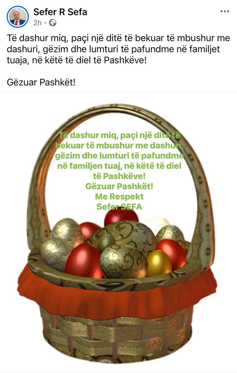 Sefersefaa's tweet photo. Të dashur miq, paçi një ditë të bekuar të mbushur me dashuri, gëzim dhe lumturi të pafundme në familjet tuaja, në këtë të diel të Pashkëve! 

Gëzuar Pashkët! https://t.co/J6BXnMXt3C