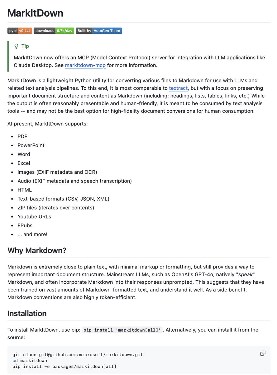 Sumanth_077's tweet photo. Turn any document into LLM-ready data in just a few lines of code!

Microsoft released MarkItDown a lightweight Python library that converts any document to Markdown for use with LLMs.

100% Open Source https://t.co/ldjeDQyBDr