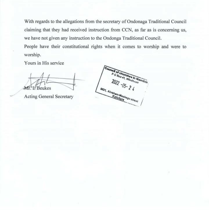 FestusThomas161's tweet photo. Everyone can attend any church of their choice... There's no constitution of the traditional authorities in Namibia that hinders that...anyone not attending a church with different names from Catholic,  Anglican and Martin Luther's Church. So CCN has rejected that! https://t.co/dW5SR1EV29