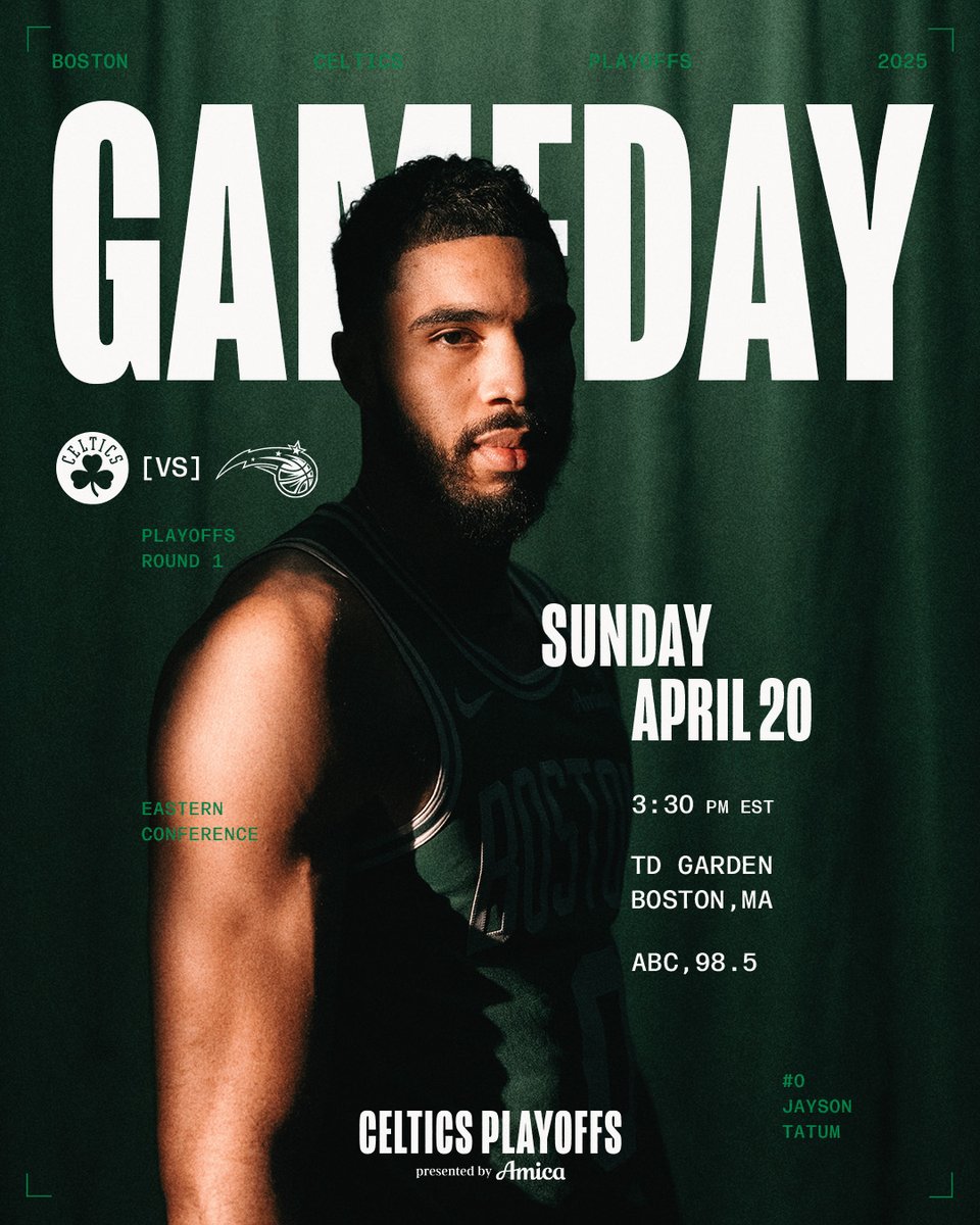 celtics's tweet photo. TODAY ☘️ Round 1 Game 1

⏰ 3:30 PM
🆚 @OrlandoMagic 
📍 @tdgarden
 📺 ABC
🎙️ @985TheSportsHub 

#DifferentHere https://t.co/eGv4xAsEVH