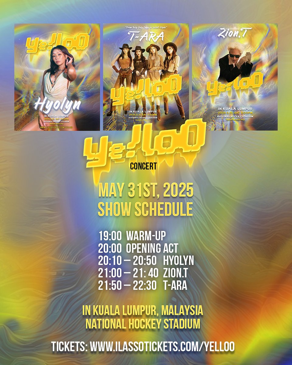 T_ARAMYSupport's tweet photo. Show schedule for Ye!loO Concert has been revealed

Get you tickets: https://t.co/8343dDK5zo

#T_ARA #티아라 https://t.co/tnEKFevuBD