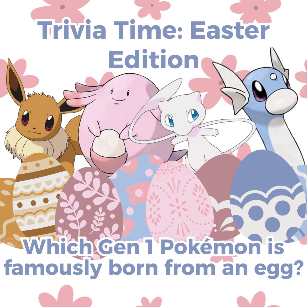 ThornsWarehouse's tweet photo. Pokémon Trivia!
Which Gen 1 Pokémon is famously born from an egg?
A. Eevee
B. Chansey
C. Mew
D. Dratini
Drop your answer below!
#PokemonTrivia #EasterQuiz #TrainerChallenge https://t.co/H6cQkTcdwf