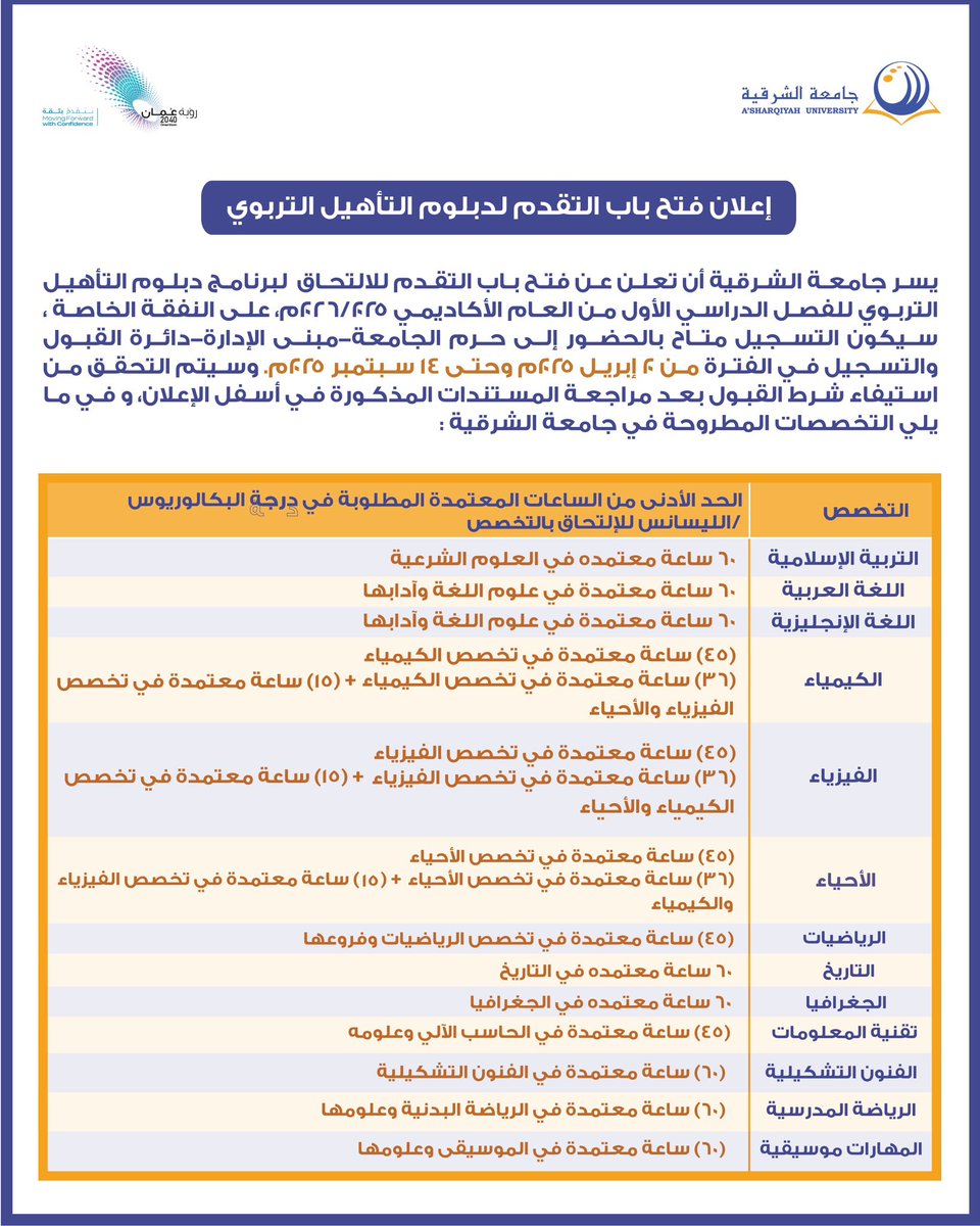 AsharqiyahUni's tweet photo. فتح باب التسجيل في برنامج #دبلوم_التأهيل_التربوي ✨
المرفق أدناه يحتوي على التفاصيل.

#StudyAtASU
#ASU
#oman
#university https://t.co/WoyZvs0UtN