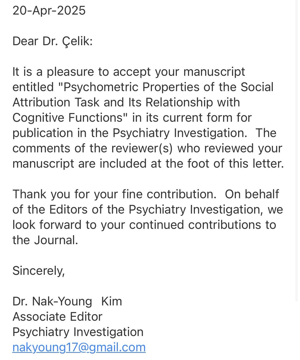 Lisans öğrencisiyken TÜBİTAK 2209 desteğiyle başlayan, şu an meslektaşım olan <a href="/_arzelya_/">Leyla Arslan</a> ile birlikte yürüttüğümüz ve sevgili arkadaşım <a href="/ozarslancaner/">Caner Özarslan</a> katkı sunduğu çalışmamız Q2 kategorisindeki Psychiatry Investigation dergisinde yayımlanmak üzere kabul aldı.