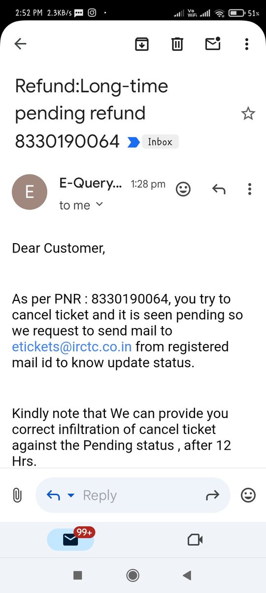 ashgpt92's tweet photo. @RailwaySeva @RailMinIndia I have applied for refund for the train cancelled 13426 on 5 may 2025. The same was raised at https://t.co/BaW8fkT9Me vide eQuery ID: 701668887707214262. I'm not satisfied with the reply. Pls initiate for the refund process immediately.
PNR-8330190064 https://t.co/4fxv3wGpVv