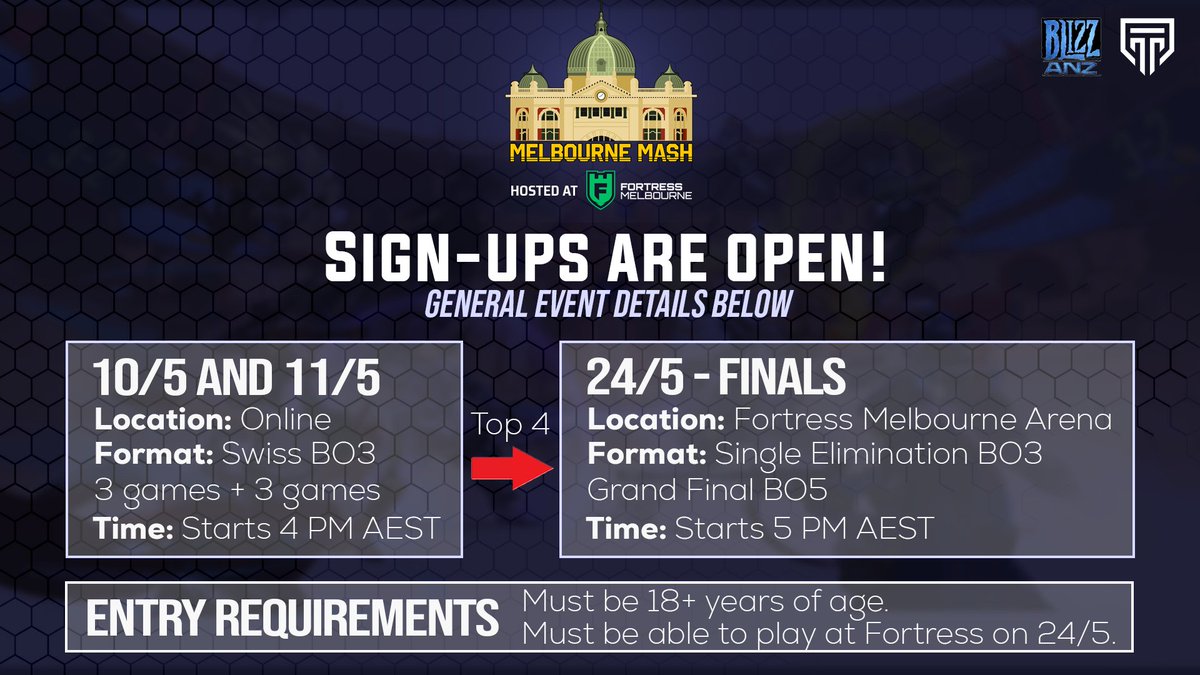 Melbourne Mash sign-ups are OPEN! ⭐️

Sign-ups and rulebook are shown below!
Sign-ups close on 4/5/25 at 11:59 PM AEST.

Don't have a full team? Join our server and post in our melbournemash-lft channel!

#Overwatch #MelbourneMash