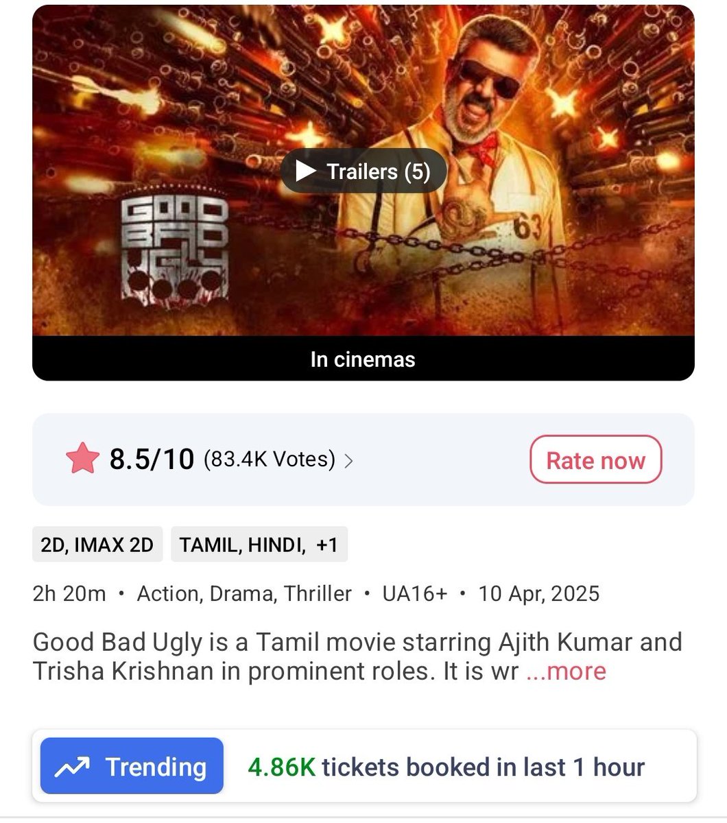 itsnkupdates's tweet photo. 🔥 #GoodBadUgly Box Office Update! 📊
BMS Sales:
- Today (2-3 pm): 4860
- Yesterday: 5210
Total Sales (7 am onwards):
- Today: 34230
- Yesterday: 33980
Consistent performance! 💥 #GoodBadUgly #BoxOfficeNumbers https://t.co/6xUAMflDoO