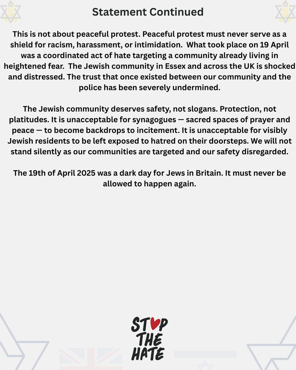 A dark day for British Jews. 
Our statement on the Essex march for Palestine and the failure of <a href="/EssexPoliceUK/">Essex Police</a> to protect Westcliff's Jewish community.