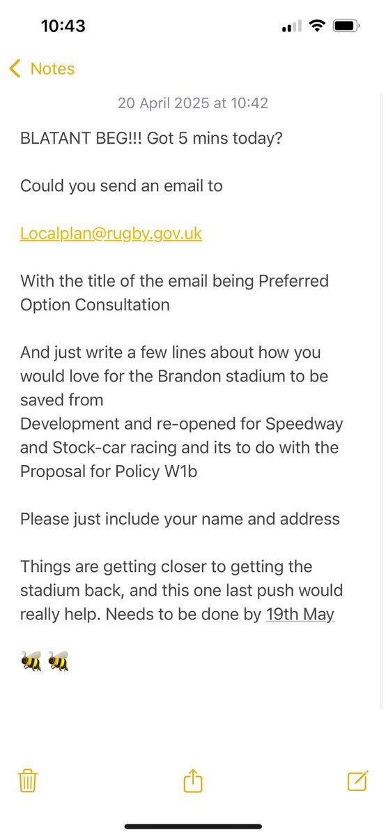 Chivsy123's tweet photo. Got 5 mins to send an email today? One last push to get Brandon back open for the Bees and Stocks! Please share -details on photo @flupton  @RobGurneyOnAir @JohnDalziel 

#speedway #coventrybees https://t.co/x9VtagykM8
