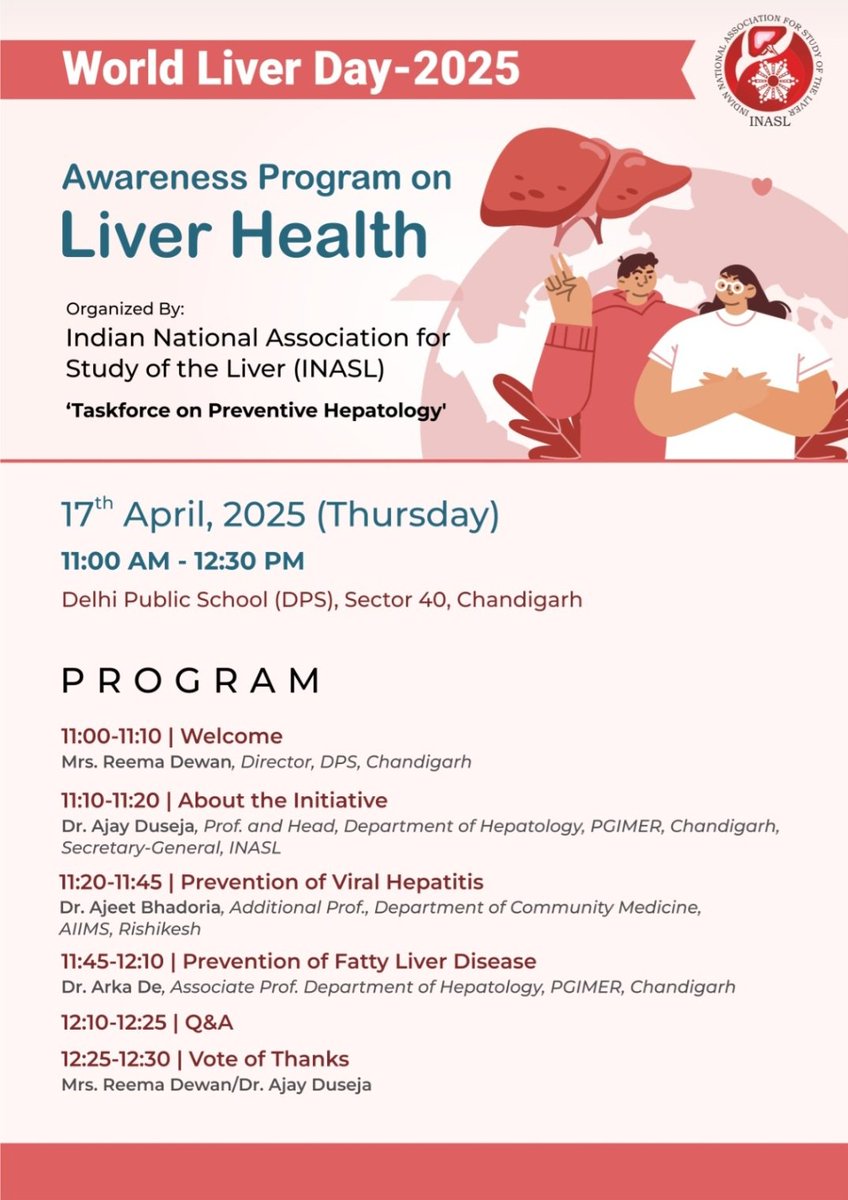 ajay_duseja's tweet photo. World Liver Day - 2025
INASL increasing awareness through its Taskforce on Preventive Hepatology.
Thanks Mrs Dewan, Director DPS, Chandigarh for the kind support.
Thanks Ajeet @ajeetsbhadoria and Arka @doc_arka for being there. https://t.co/S4YipBRKcN