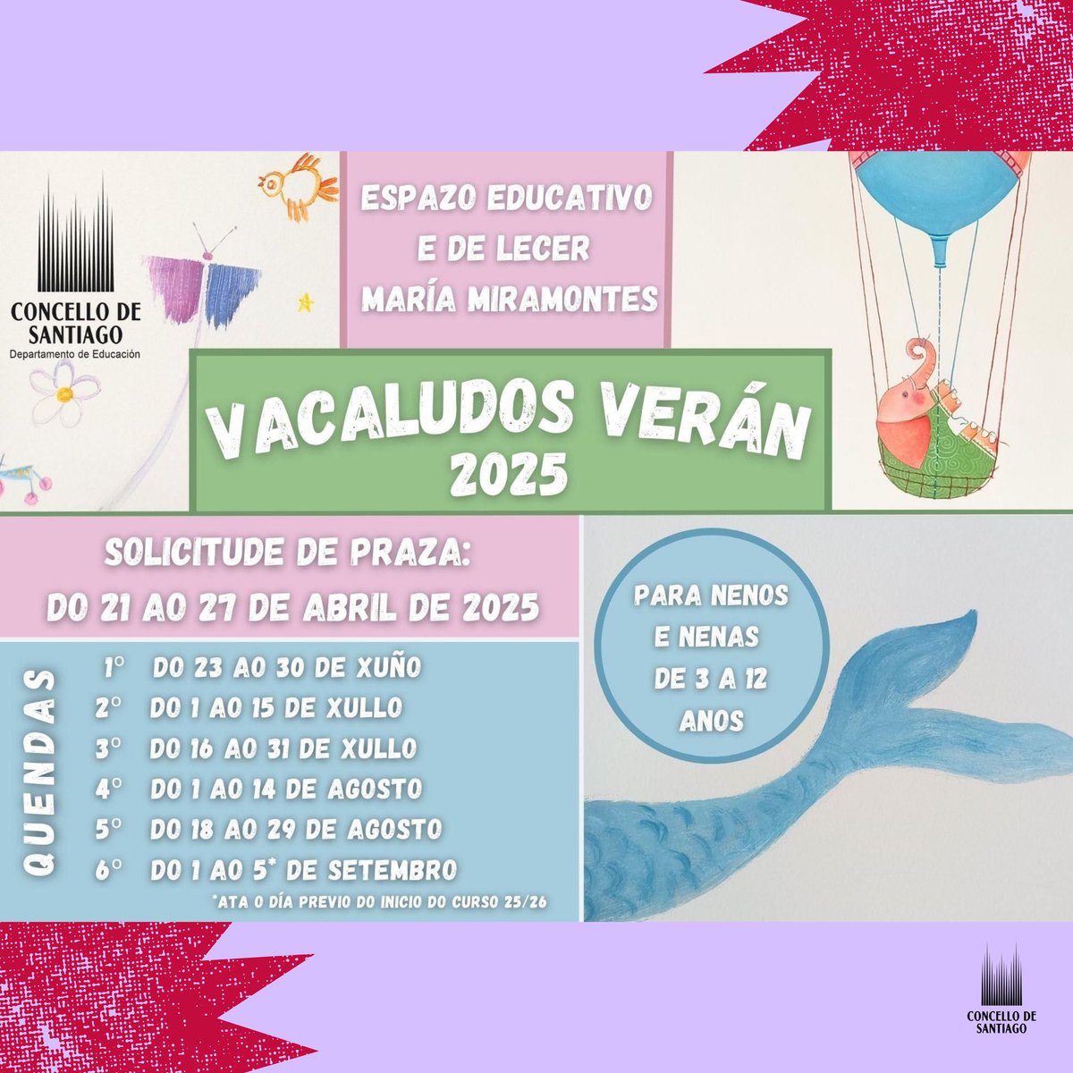 PazodeRaxoi's tweet photo. 🗓️  Do 21 ao 27 de abril de 2025 (ambos os dous inclusive) estará aberto o prazo de solicitude de praza para participar nas actividades do programa de conciliación de verán VacaLudos, que se desenvolverá no Espazo Educativo e de Lecer María Miramontes (Ludoteca das Fontiñas) entre os meses de xuño e setembro.

@MiriamFLouzao 

#CompostelaOrgullosadeSi #CompostelaBoadeVivir #SantiagodeCompostela