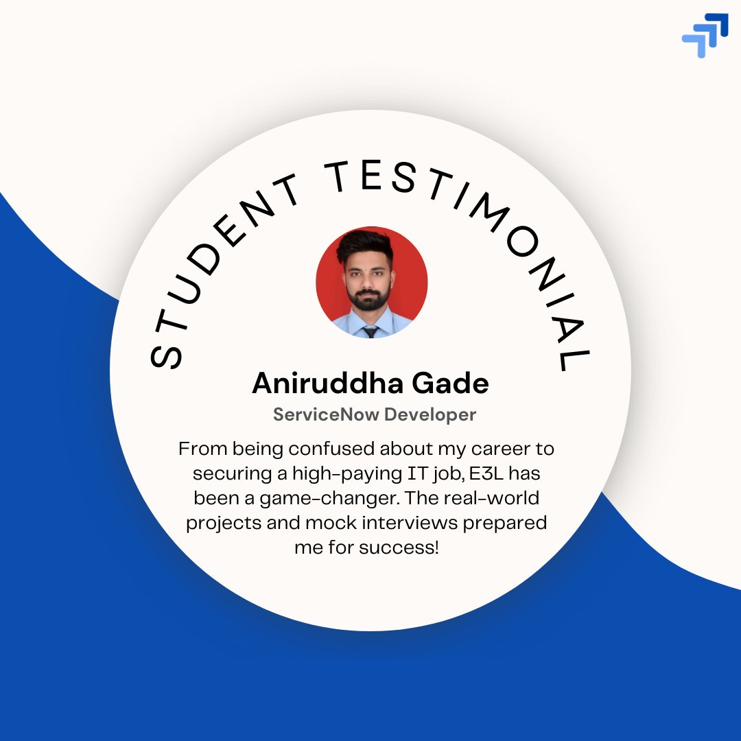 e3l_learning's tweet photo. From confusion to confidence!💼
Aniruddha secured a high-paying IT job after joining E3L. Real projects, mock interviews, and a clear roadmap—just what he needed to succeed!
#CareerGoals #ITJobs #E3LJourney #servicenowdeveloper #SuccessStory #StudentTestimonial #E3LImpact https://t.co/4xMklKDlmf