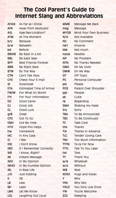 Rainmaker1973's tweet photo. Parents' guide to internet slang and abbreviations https://t.co/7jlxd9xJGD