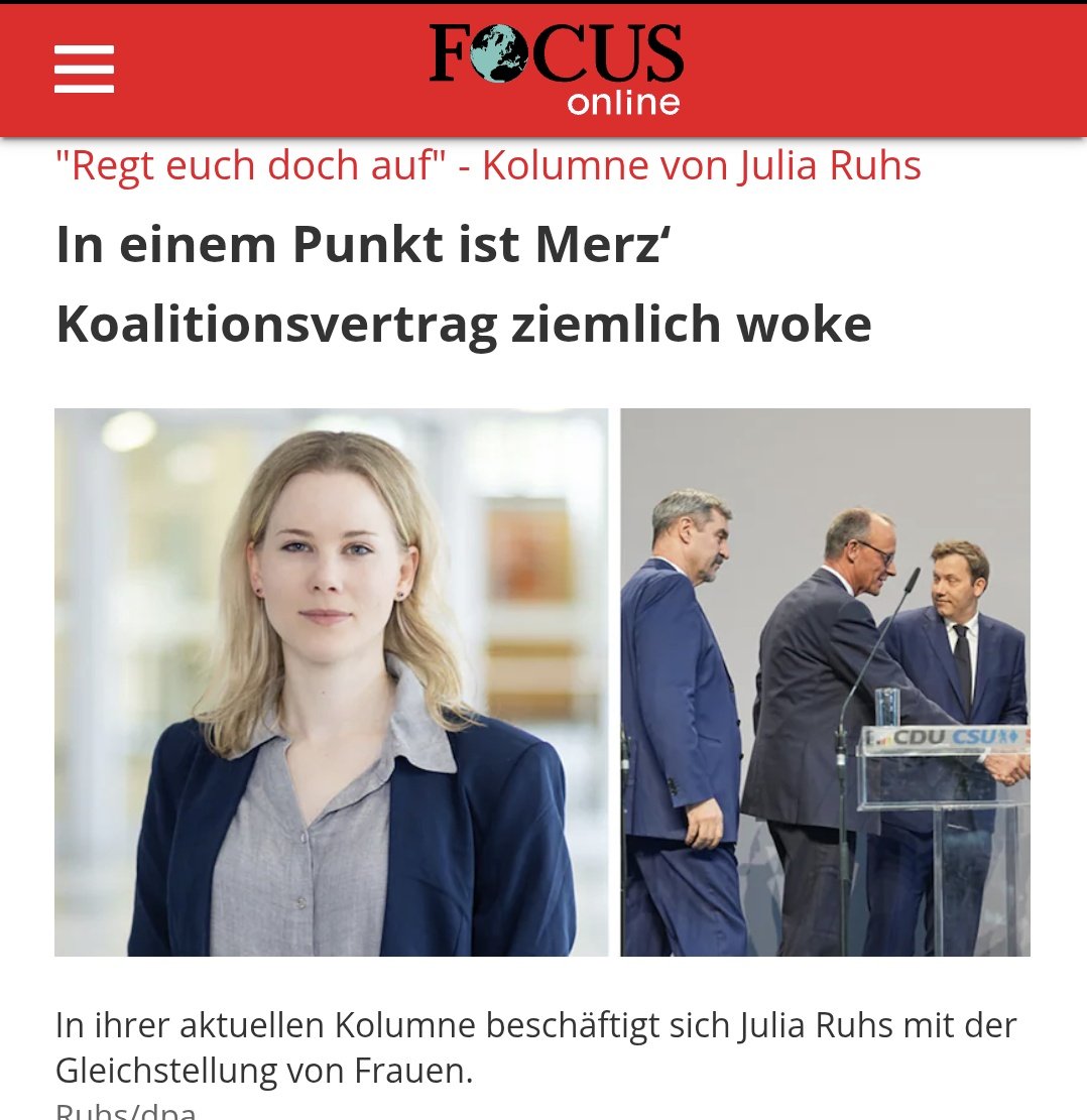Woker Merz-Plan: Mit "Gleichstellung" will die Koalition mehr Planwirtschaft durchdrücken.
Julia Ruhs fordert daher: "Nicht nur die steuerfinanzierten „NGOs“ mal kräftig durchchecken, sondern auch so mache komplett staatlich alimentierte Spezialstiftung. "
focus.de/politik/meinun…