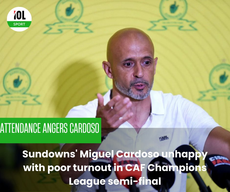 IOL's tweet photo. Mixed emotions from Sundowns' Miguel Cardoso after the CAF Champions League semi-final: Grateful for fan support, but disheartened by the low turnout at the stunning stadium. 🏟️💔
#CAFChampionsLeague #Sundowns #MiguelCardoso #FootballSupport #StadiumTurnout @IOLsport
Read on https://t.co/PvrQI1b8bQ