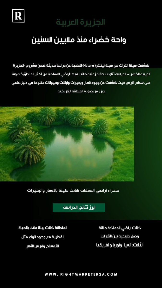 Rightmarketer's tweet photo. بتاريخ 9ابريل اعلنت هيئة التراث عن اكتشاف أثري يظهر لنا أن اراضي المملكة كانت واحة خضراء قبل 8 ملايين 🇸🇦✨#السعودية_العظمى #رايت_ماركتير https://t.co/3GY50Ne9gO