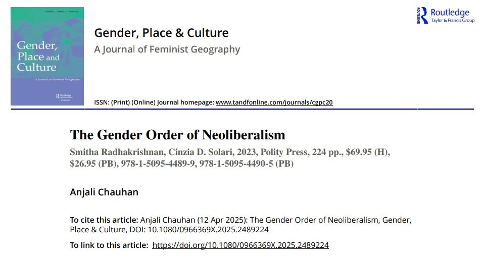 Anjali Chauhan (@chauhananjali98) on Twitter photo Glad to share my #bookreview of prof <a href="/ProfessorSmitha/">Smitha Radhakrishnan</a> and prof Cinzia D. Solari's brilliant book “The Gender Order of Neoliberalism” published in <a href="/GPCjournal/">Gender, Place and Culture</a>.
Feel free to drop your email for pdf.
Link — tandfonline.com/doi/full/10.10… Glad to share my #bookreview of prof <a href="/ProfessorSmitha/">Smitha Radhakrishnan</a> and prof Cinzia D. Solari's brilliant book “The Gender Order of Neoliberalism” published in <a href="/GPCjournal/">Gender, Place and Culture</a>.
Feel free to drop your email for pdf.
Link — tandfonline.com/doi/full/10.10…